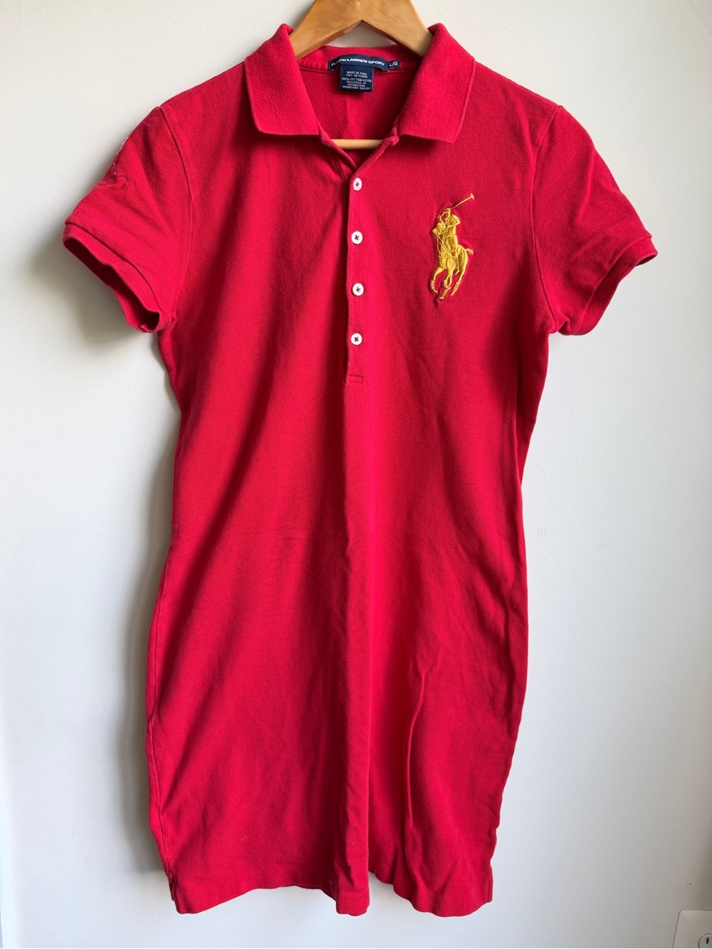 Ralph Lauren Sport Pig Pony Red Gold Pique Cotton Polo Shirt Dress Womens L